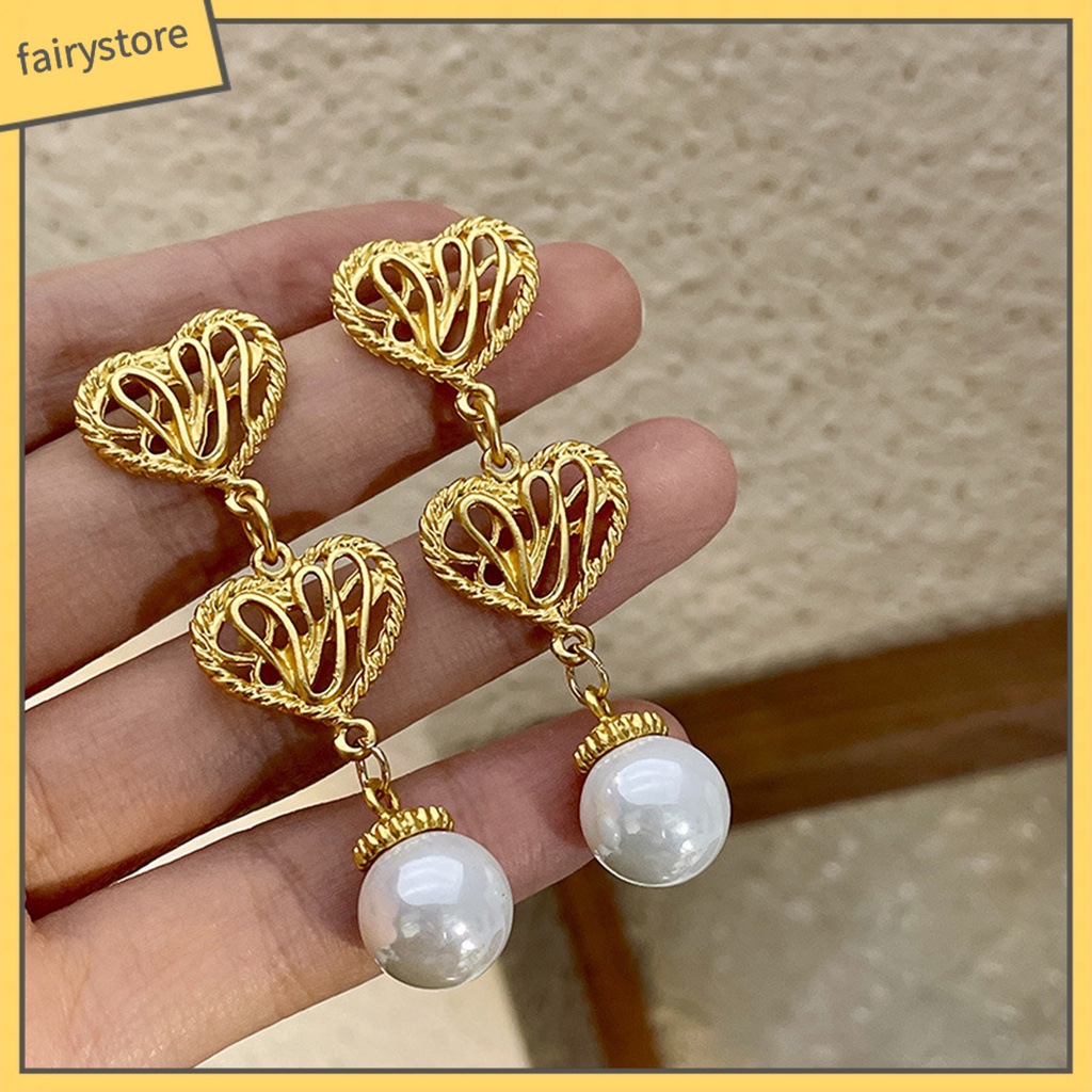 1 Đôi Bông Tai Hình Trái Tim Đính Ngọc Trai Giả Mạ Điện Không Gây Dị Ứng Thời Trang