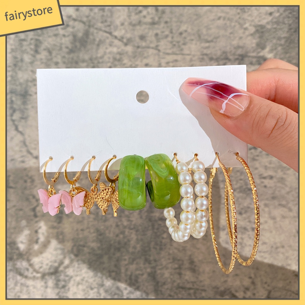 [FRO] Set 5 Đôi Bông Tai Dạng Vòng Hình Học Trang Trí Mắt Bằng Acrylic Tinh Tế Chống Dị Ứng Trang Sức Thời Trang Cho Nữ