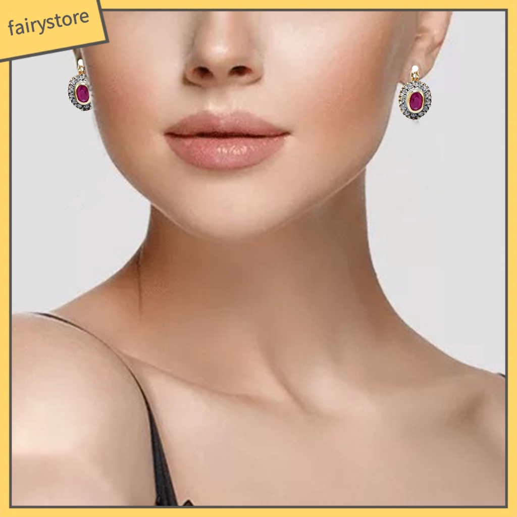 1 Đôi Bông Tai Đính Đá Zircon Đỏ Hình Oval Bằng Hợp Kim Dành Cho Nữ