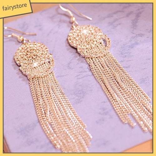 Bông Tai Dáng Dài Đính Đá Phối Tua Rua Thời Trang Cho Nữ