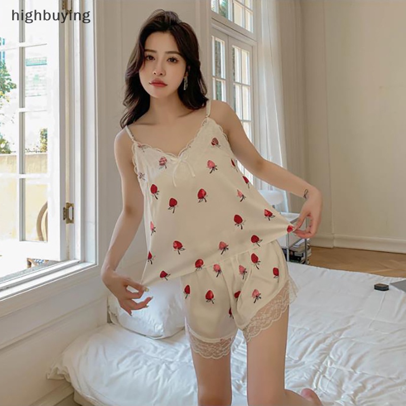 Set Đồ Ngủ Áo Hai Dây + Quần Short Chất Lụa Mỏng Thời Trang Mùa Hè Quyến Rũ Cho Nữ