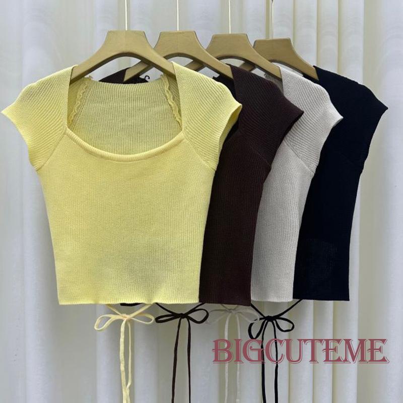 Áo Thun Dệt Kim Ngắn Tay Cổ Vuông Thắt Dây Thời Trang Đường Phố Dành Cho Nữ