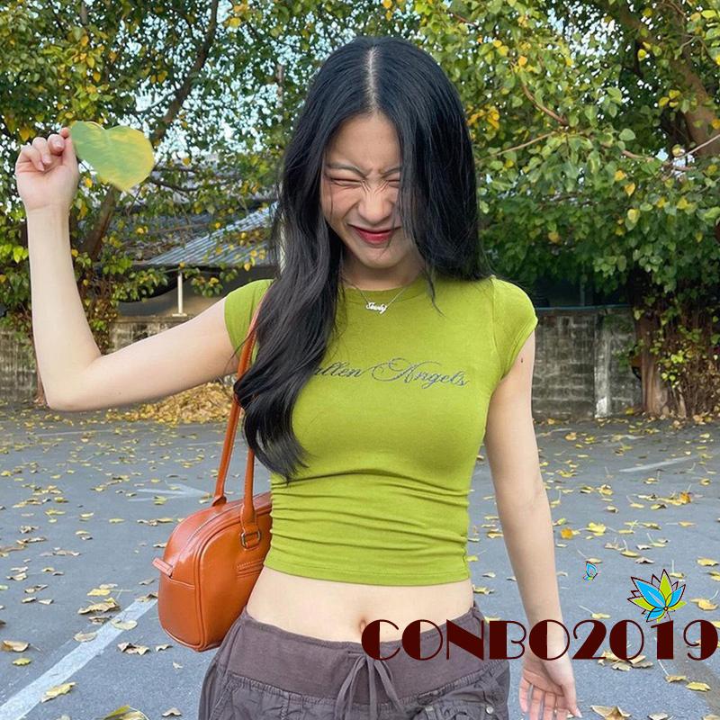 Áo Thun Crop Top Tay Ngắn Cổ Tròn In Chữ Phong Cách Đường Phố Cho Nữ