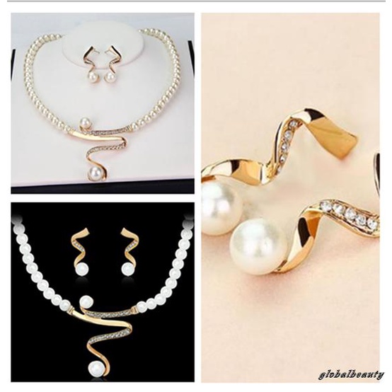 Bộ Vòng cổ + Bông Tai Đính Ngọc Trai Nhân Tạo Kiểu Hở Đính Đá Sang Trọng Cho Nữ