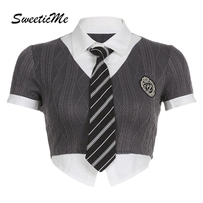 Áo Thun Tay Ngắn Giả Hai Lớp Cổ Bẻ Thắt Cà Vạt Thời Trang 2023 Dành Cho Bạn Nữ