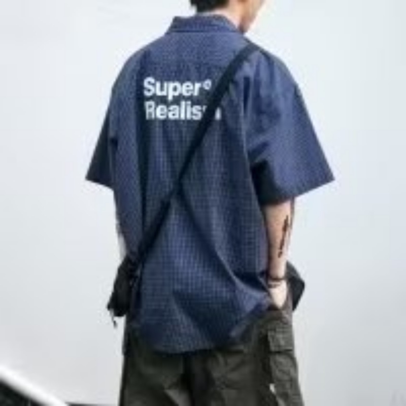 Áo Sơ Mi Tay Ngắn Dáng Rộng Họa Tiết Sọc Caro In Chữ Phong Cách Đường Phố Thời Trang Mùa Hè
