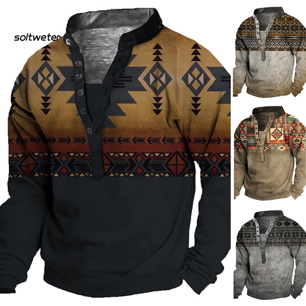 Áo Sơ Mi Cổ Chữ V Mềm Mại Thoáng Khí In Họa Tiết Hình Học Đính Nút Cổ Điển Có Size Lớn Cho Nam