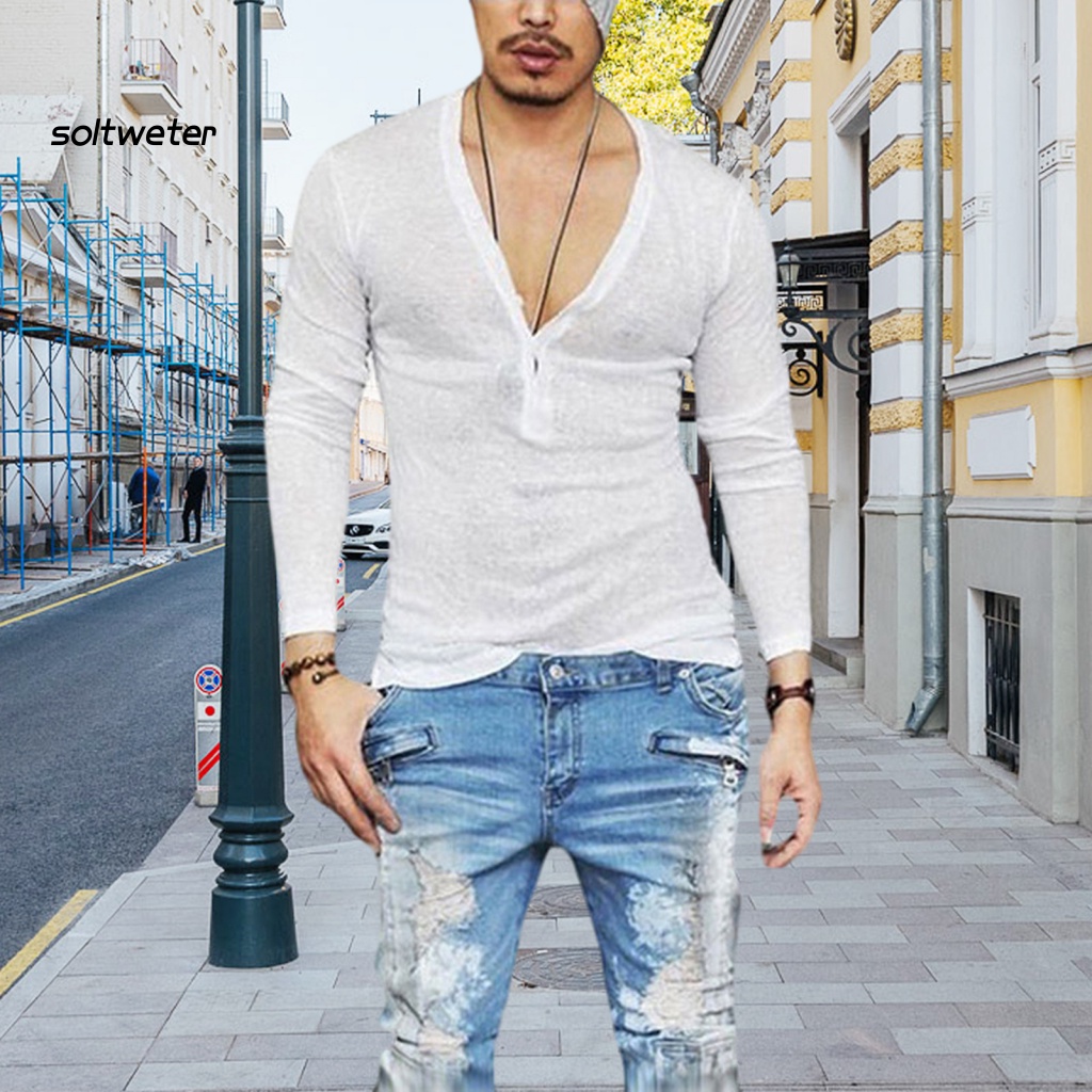 Áo Thun Mỏng Tay Dài Cổ Chữ V Màu Trơn Mau Khô Thời Trang Mùa Hè Dành Cho Nam