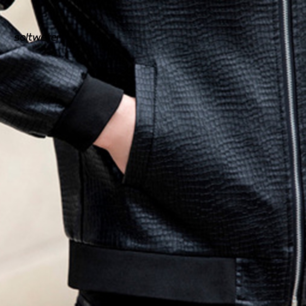 Áo Khoác Giả Da Tay Dài Cổ Đứng Màu Trơn Có Khóa Kéo Phong Cách Đường Phố Cho Nam