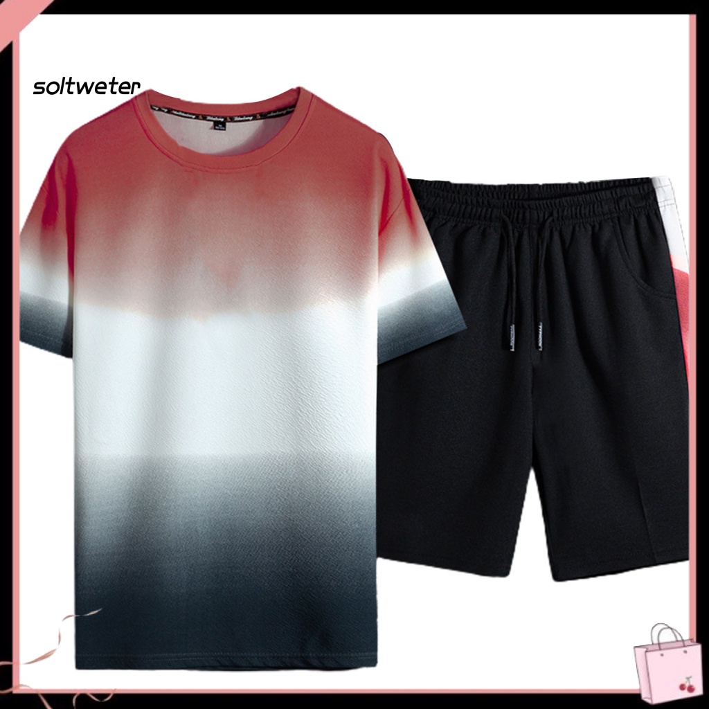 Set Đồ Mùa Hè 2 Món Gồm Áo Thun Cổ Tròn Màu Sắc Gradient + Quần Ngắn Lưng Thun Cho Nam