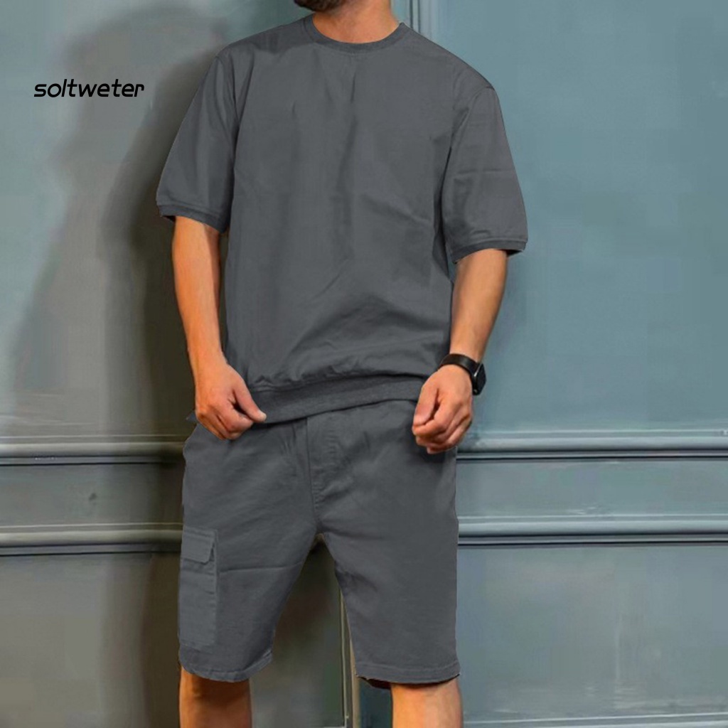 1 Bộ Đồ Thể Thao Áo Tay Ngắn Cổ Tròn Màu Trơn Phối Quần Lưng Thun Có Túi Thời Trang Cho Nam