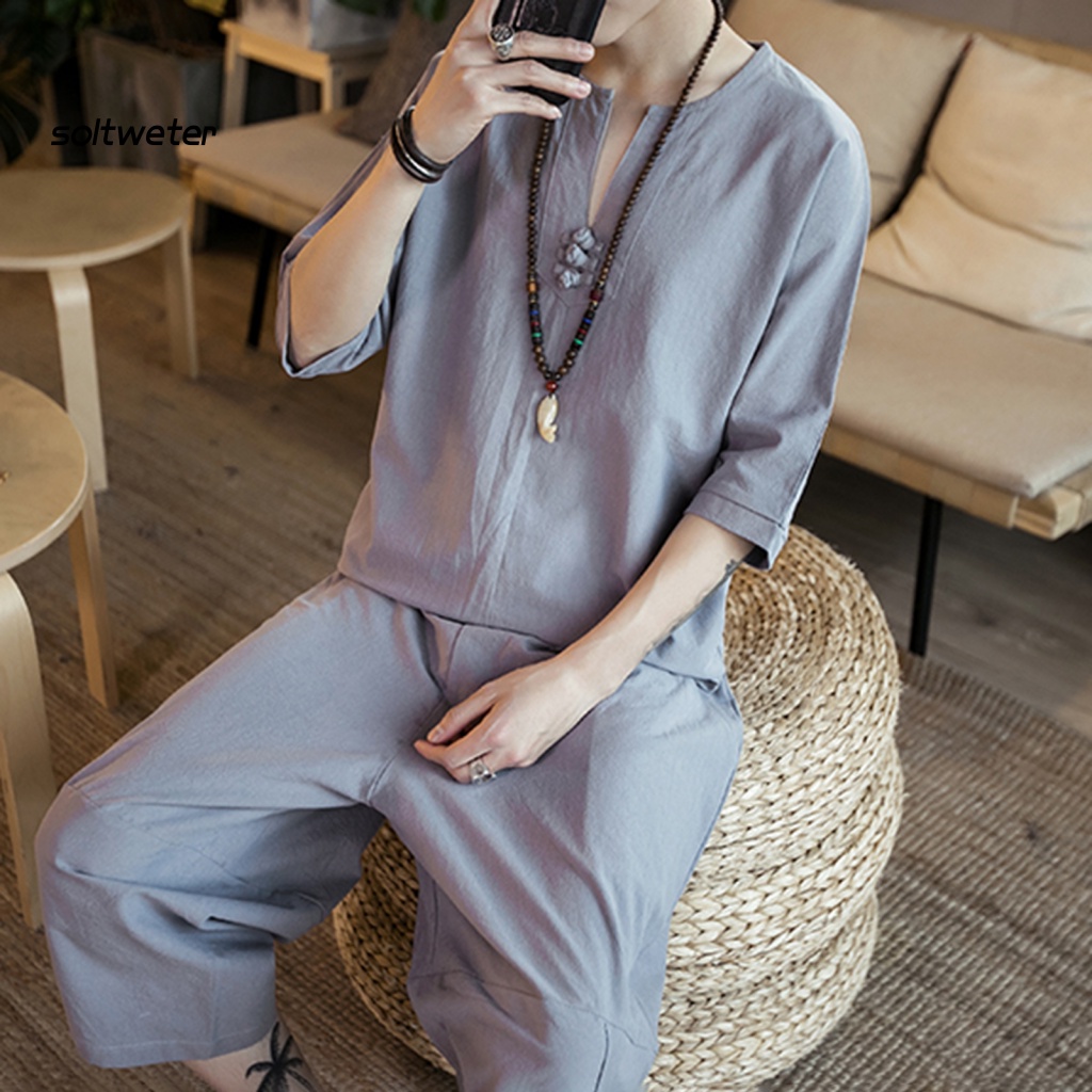 1 Bộ Quần Capri Màu Trơn Dáng Suông Có Túi Phong Cách Trung Hoa