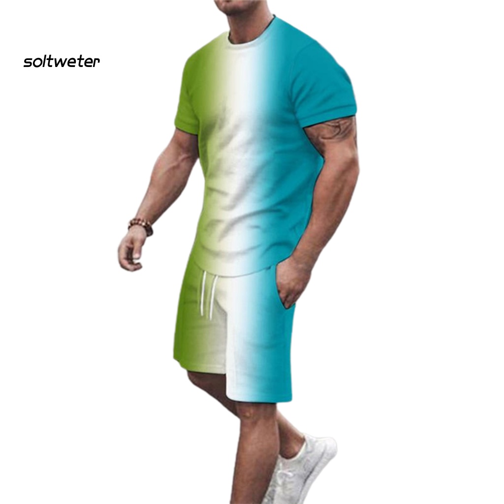 1 Bộ Áo Thun Cổ Tròn In Họa Tiết 3D + Quần Short Lưng Thun Phối Túi Thời Trang Đường Phố Mùa Hè