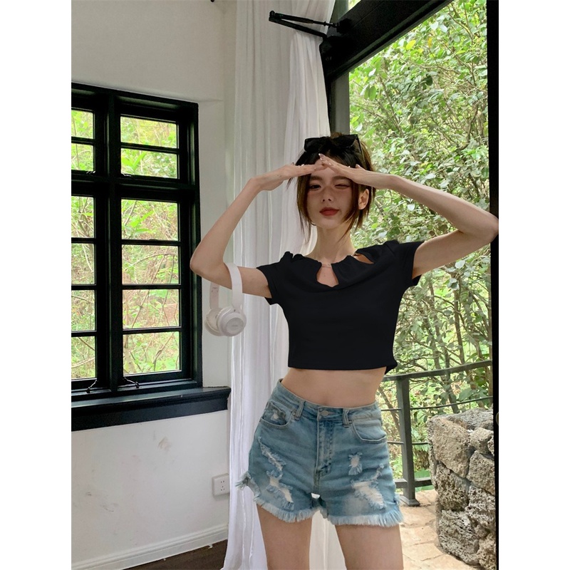 Áo Thun Lửng Tay Ngắn Phối Dây Xích Phong Cách Hàn Quốc Thời Trang Mùa Hè Cho Nữ