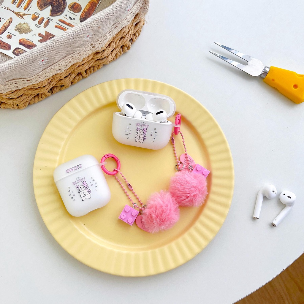 Vỏ Bảo Vệ Hộp Sạc Tai nghe không dây AirPods 1 2 3 Gen Pro2 2022 Bằng TPU Silicone Mềm Trong Suốt Hình Thỏ Phối Banh Lông Màu Hồng