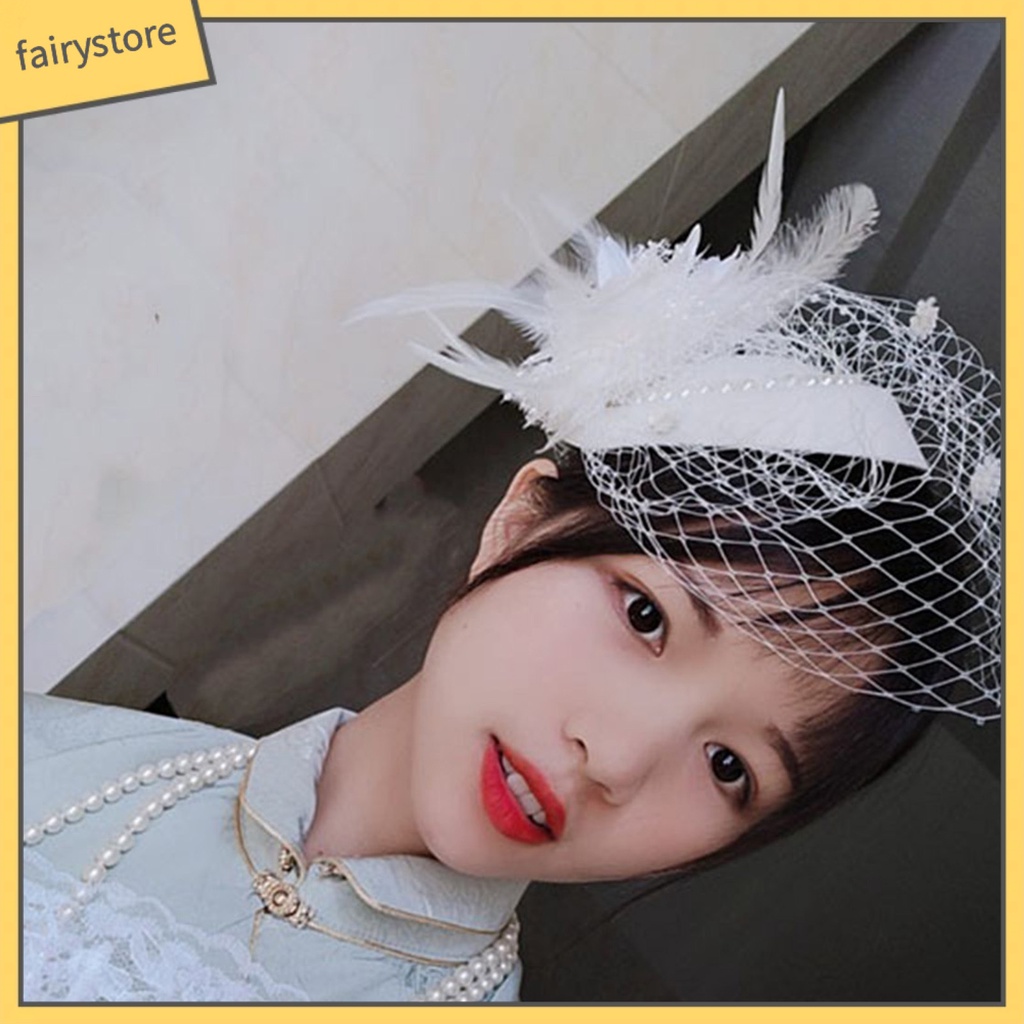 [FRO] Mũ Beret Lưới Màu Trơn Đính Ngọc Trai Giả Trang Trí Tóc Cô Dâu Trong Tiệc Cưới