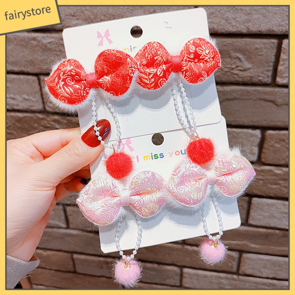 Set 2 Kẹp Tóc Hình Nơ Đính Bóng Lông Tua Rua Đỏ Phong Cách Trung Hoa Cổ Điển Mừng Năm Mới Cho Nữ