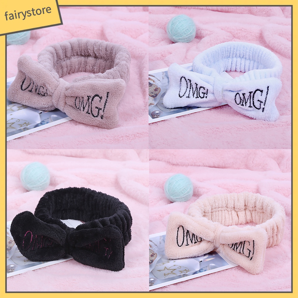 Băng Đô Nhung Lông Co Giãn Thêu Chữ Thắt Nơ Cho Nữ Rửa Mặt