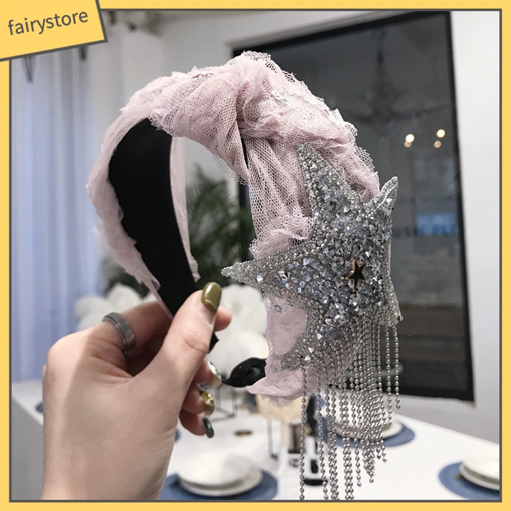 Băng Đô Cài Tóc Bản Rộng Thắt Nút Đính Đá &amp; Tua Rua Cho Nữ