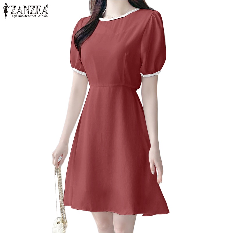 ZANZEA Đầm Ngắn Tay Cổ Tròn Thời Trang Nữ Hàn Quốc