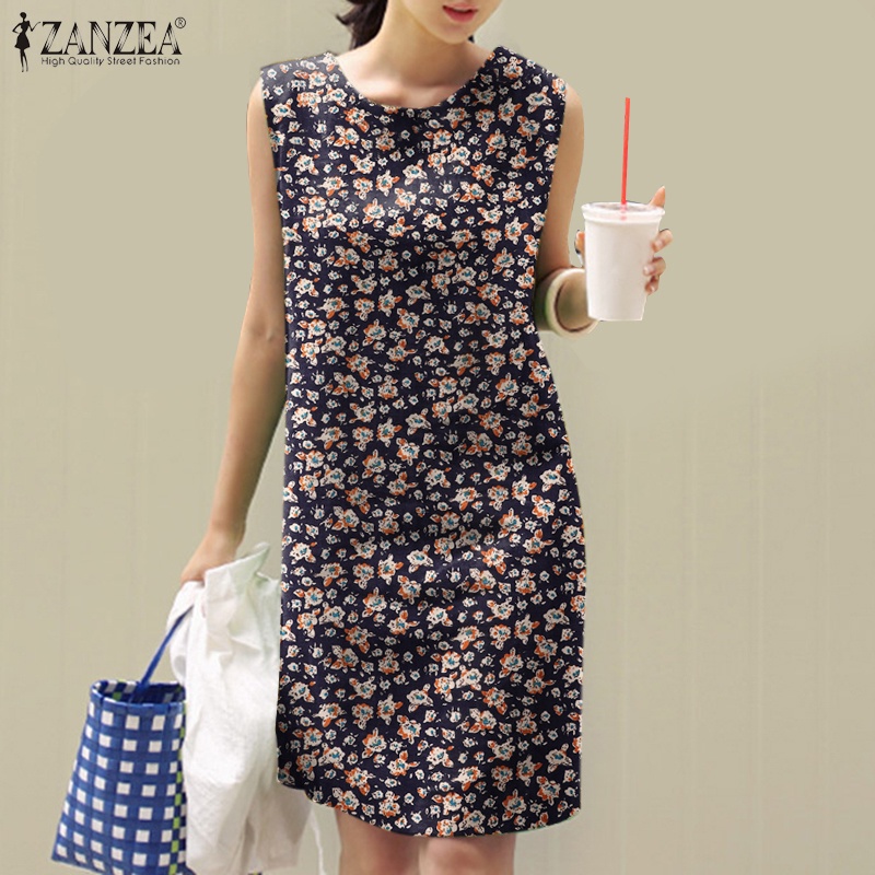 Zanzea Đầm Nữ Cộc Tay Cổ Tròn Xẻ Tà Thời Trang Hàn