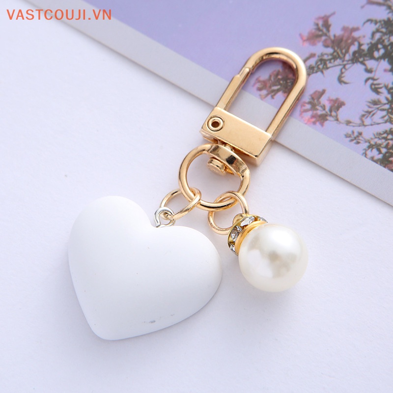 Móc Khóa Hình Trái Tim VASTJI Màu Trắng Đen Đính Ngọc Trai Thời Trang Dành Cho Cặp Đôi