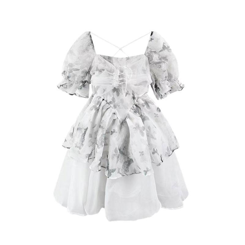 Đầm Công Chúa Tay Phồng Nhấn Eo Họa Tiết Hoa Thời Trang Mùa Hè Phong Cách Pháp Cho Nữ