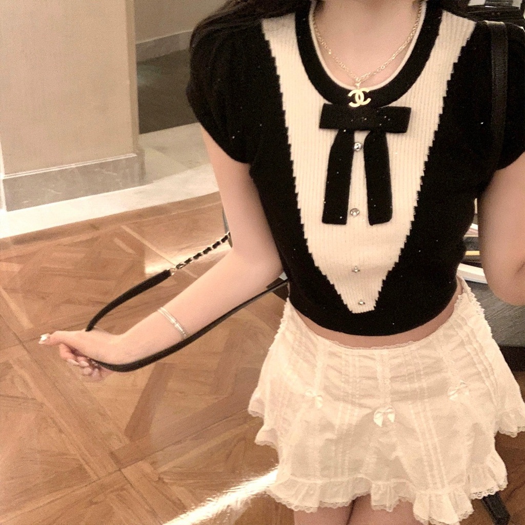 Áo Thun Ngắn Tay Dáng Ôm Phối Nơ Tương Phản Thời Trang Mùa Hè Mới Dành