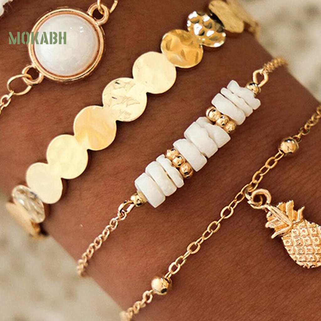 [Mok Abh] Bộ 4 Vòng Tay Hợp Kim Họa Tiết Hình Quả Dứa Phong Cách Bohemia