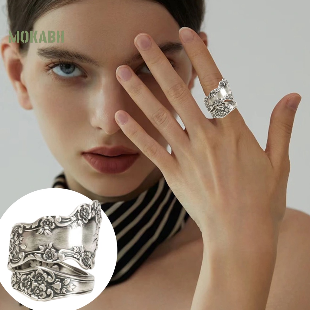 [Mok Abh] Nhẫn Dạng Mở Mạ Điện Họa Tiết Hình Học / Hoa Phong Cách Vintage Có Thể Điều Chỉnh