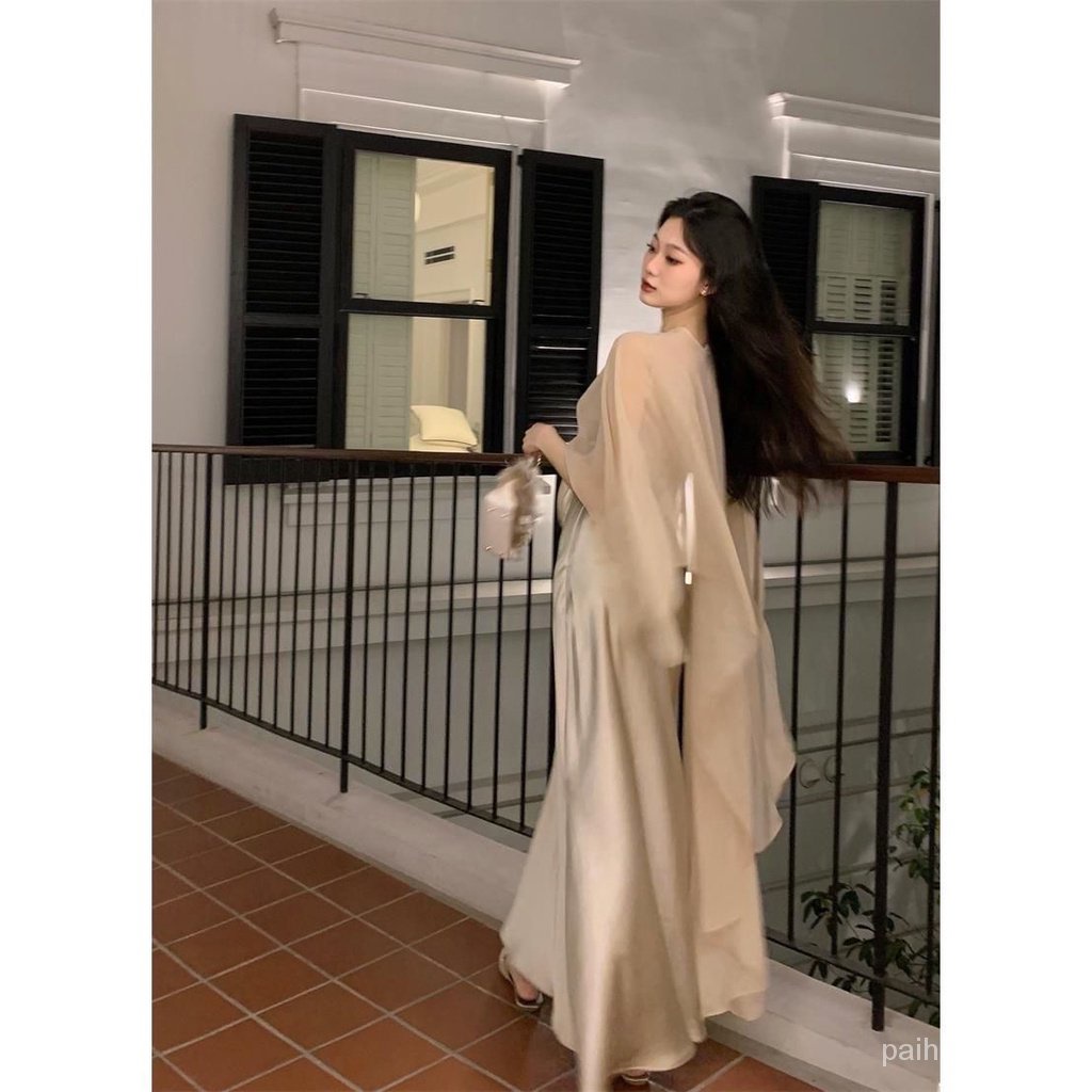 PaiHO❤20230725❤Summer new French-style suspender dress women's A- line elegant hip-wrapped dress long skirt sun-proof mesh cloakThời trang Phụ nữ quần áo đầm áo kiểu