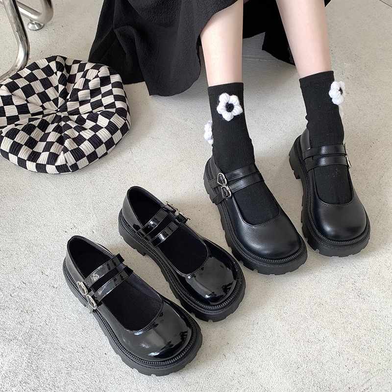 Giày Da Đế Dày Phối Khóa Hình Trái Tim Phong Cách Mary Jane Cổ Điển Thời Trang Cho Nữ