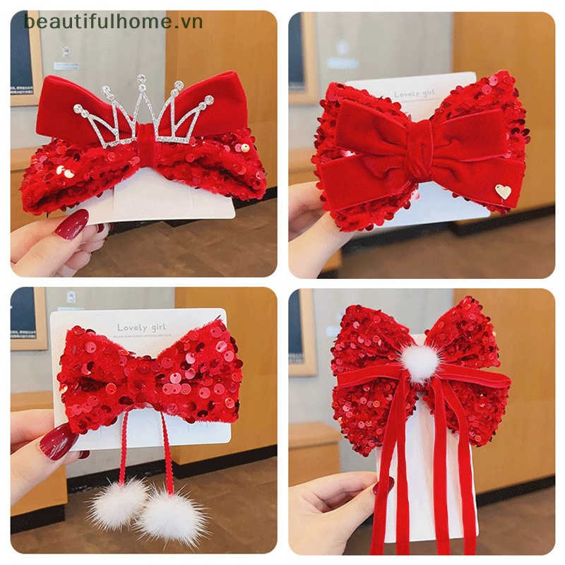 Kẹp Tóc Nơ Tua Rua Cho Bé Gái Màu Đỏ Mừng Năm Mới