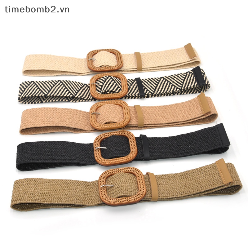 {Timebomb} Thắt Lưng Rơm Bện Co Giãn Khóa Vuông Phong Cách Boho Cổ Điển Mùa Hè Cho Nữ