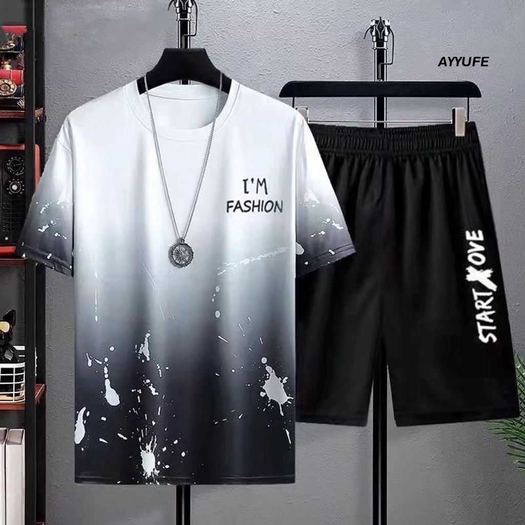 Bộ Trang Phục 2 Mảnh Gồm Áo Thun Tay Ngắn Cổ Tròn + Quần Short Vải Lụa Lạnh Lưng Thun Phối Túi Màu Sắc Gradient Thời Trang Cho Nam