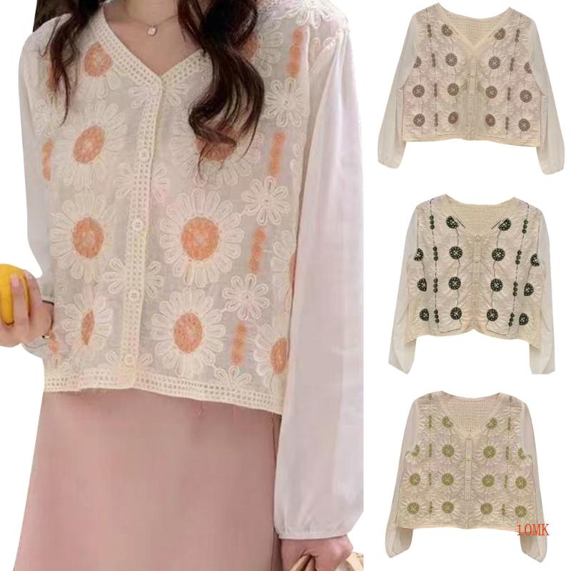 Áo Croptop Dài Tay Phối Ren Họa Tiết Thêu Xinh Xắn Ngọt Ngào