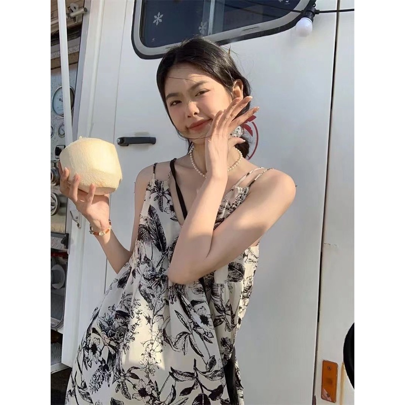 Đầm Dài Hai Dây Dáng Rộng Cổ Chữ V In Họa Tiết Hoa Thời Trang Mùa Hè Xinh Xắn Cho Nữ