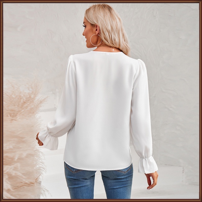 Áo Kiểu Tay Dài Cổ Chữ V Màu Sắc Thanh Lịch Dành Cho Nữ