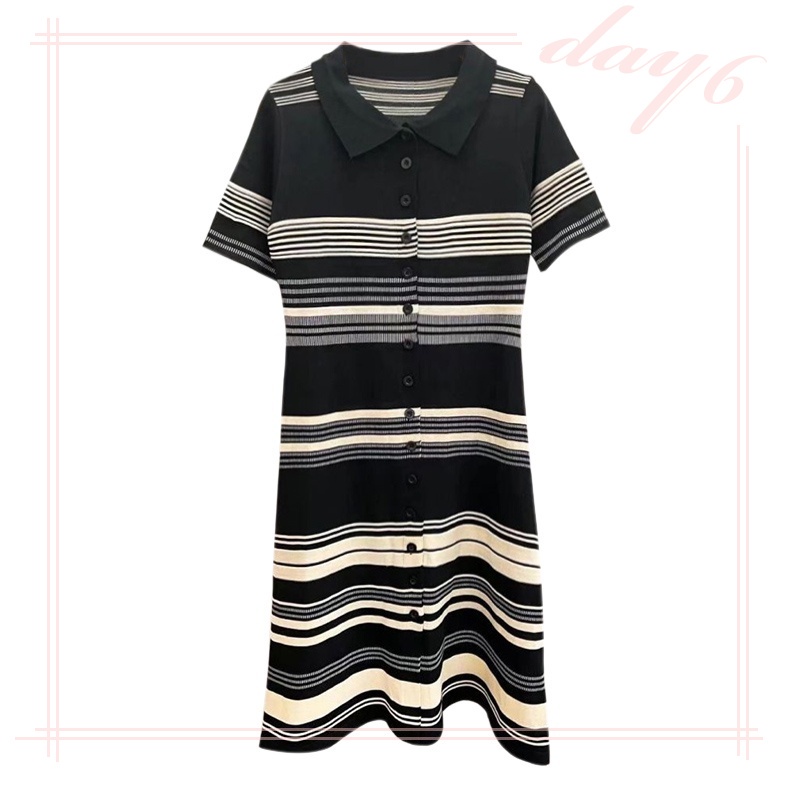 Đầm Dệt Kim Tay Ngắn Cổ Chữ V Họa Tiết Kẻ Sọc Thời Trang Hàn Quốc Xinh Xắn Cho Nữ