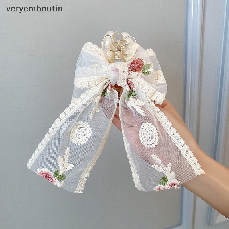 Kẹp Tóc Nơ Vải Ren Thêu Hoa Phong Cách Hàn Quốc Cho Nữ