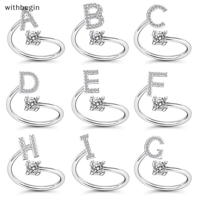 Nhẫn Hở Khắc 26 Chữ Cái A-Z Đính Đá Sáng Lấp Lánh Thời Trang Cho Nữ