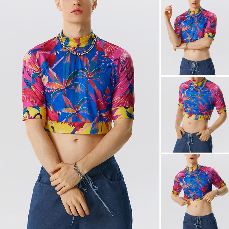 INCERUN Áo Thun Ngắn Tay Cổ Cao Thời Trang Dành Cho Nam