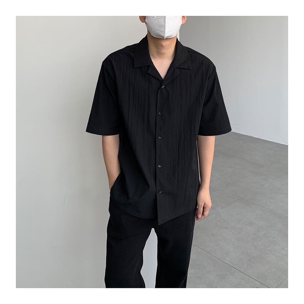 Áo Sơ Mi Mỏng Tay Ngắn Dáng Rộng Cổ Bẻ Xếp Ly Thời Trang Xuân Thu Cao Cấp Cho Nam