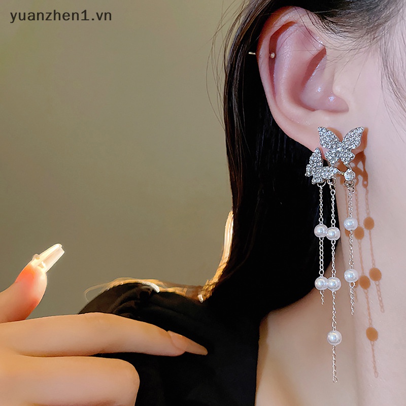 1 Đôi Bông Tai Bạc Hình Bướm Đính Ngọc Trai Zircon Không Đối Xứng Phong Cách Hàn Quốc Cho Nữ