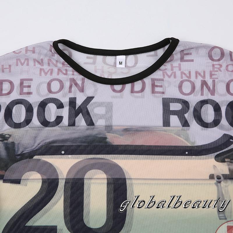 Áo Croptop Tay Ngắn Cổ Tròn In Chữ Phối Lưới Thời Trang Mùa Hè Cho Nữ