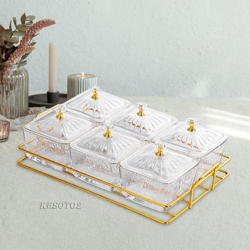 Bộ 2 Khay Thủy Tinh Đựng Thức Ăn Có Nắp Và Giá Đỡ Tháo Rời Được Dành Cho Hũ Đựng Gia Vị