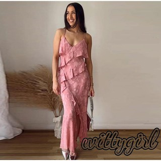 Witty-nữ Mùa Hè Xù Đầm Hoa Jacquard Cổ Chữ V Không Tay Chia Tiệc Cho Cocktail Đi Biển Dạo Phố