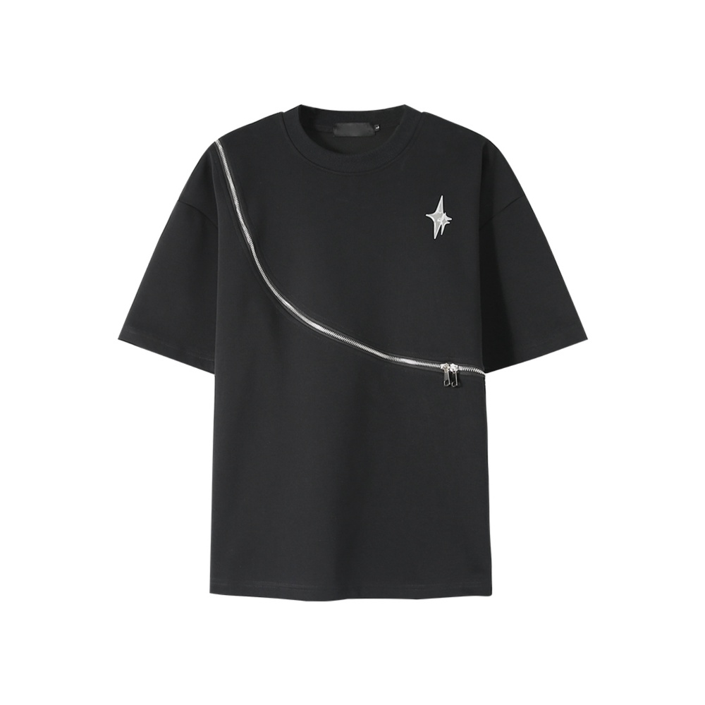 Áo Thun Ngắn Tay Cổ Tròn Dáng Rộng Phối Khóa Kéo Kim Loại Thời Trang Mùa Hè Giản Dị Dành Cho Nam