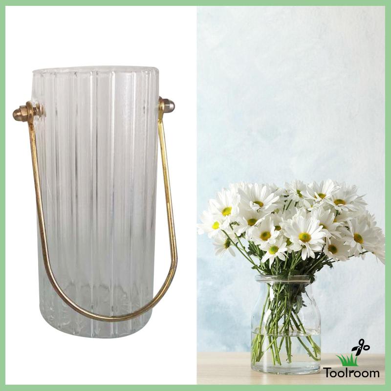 Bình Hoa Thủy Tinh Trong Suốt Hình Trụ Với Tay Cầm Kim Loại