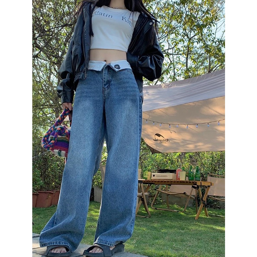 Quần Jean Ống Rộng Lưng Cao Phong Cách Retro Mỹ Thời Trang Cho Nữ